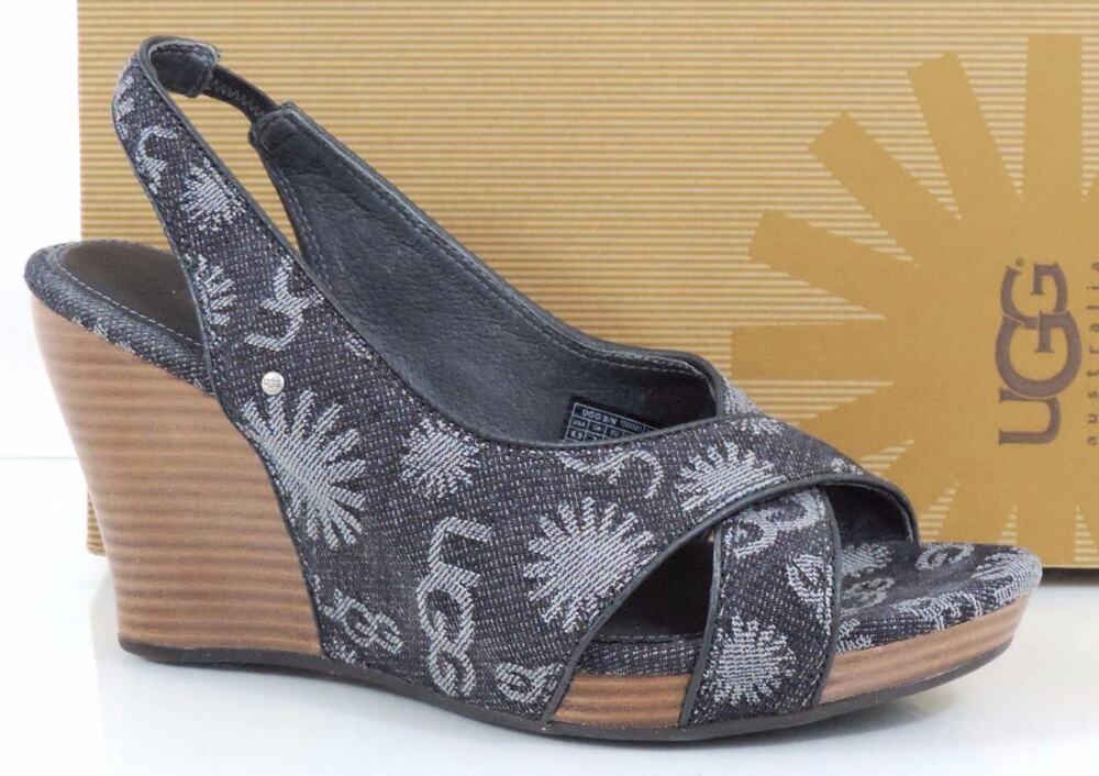 UGG Australia Hazel Denim Platform Wedge Slingback Sandals Black Size 8.5